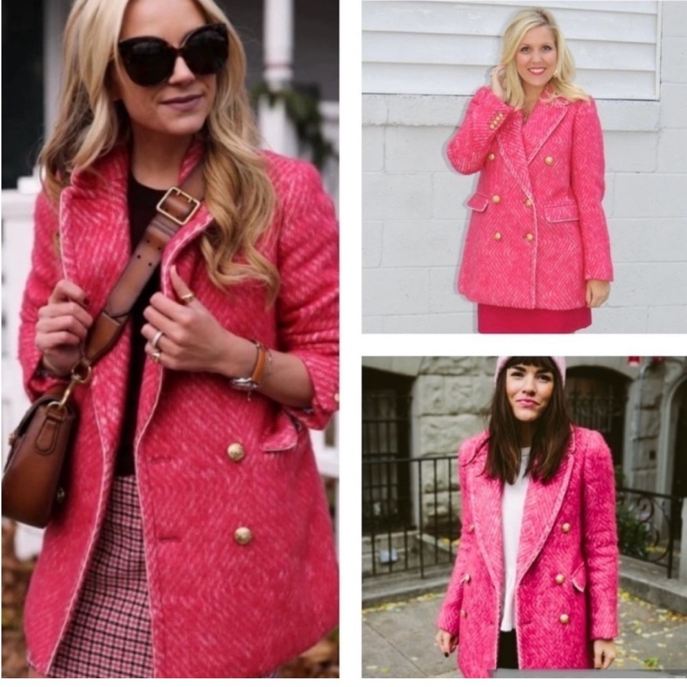 J. Crew Womens Diamond Tweed Peacoat Pink Wool Alpaca Fuzzy Coat Size 0 - Picture 3 of 16